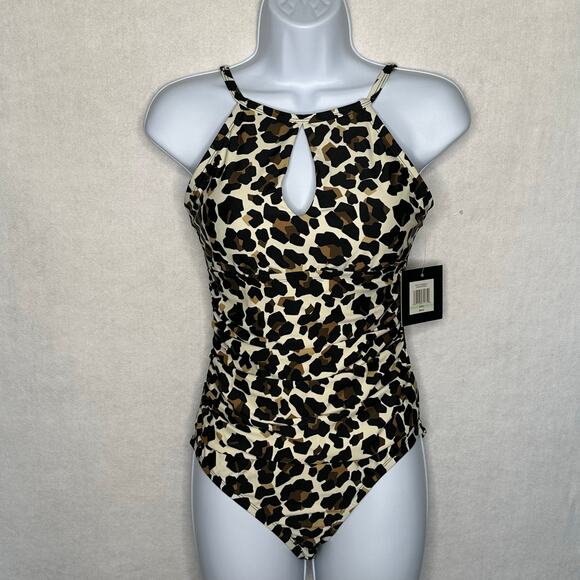 NWT Ellen Tracy Animal Print Halter One-Piece Swimsuit w/ Keyhole – Size 8 - Picture 1 of 8